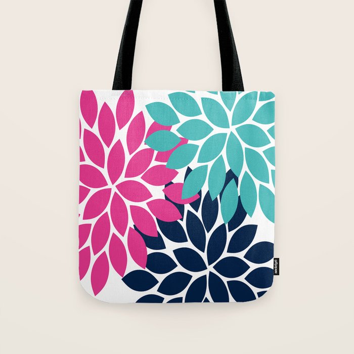 Bold Colorful Hot Pink Turquoise Navy Dahlia Flower Burst Petals Tote Bag Gallery Image 1
