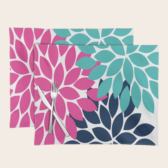 Bold Colorful Hot Pink Turquoise Navy Dahlia Flower Burst Petals Placemat Gallery Image 1
