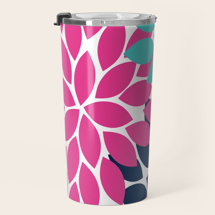 Bold Colorful Hot Pink Turquoise Navy Dahlia Flower Burst Petals Travel Mug Gallery Image 3