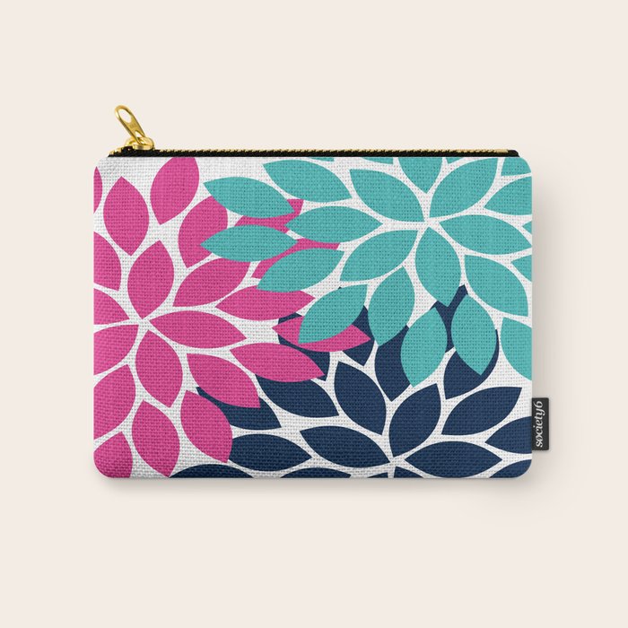 Bold Colorful Hot Pink Turquoise Navy Dahlia Flower Burst Petals Carry All Pouch Gallery Image 1