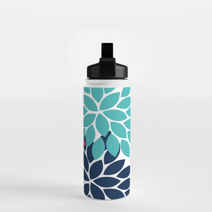 Bold Colorful Hot Pink Turquoise Navy Dahlia Flower Burst Petals Water Bottle Gallery Image 2