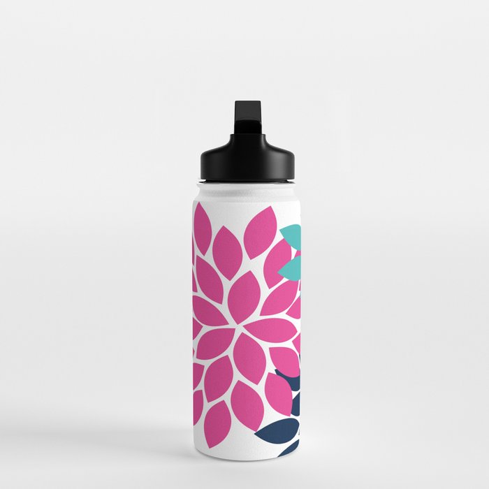Bold Colorful Hot Pink Turquoise Navy Dahlia Flower Burst Petals Water Bottle Gallery Image 3
