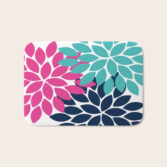 Bold Colorful Hot Pink Turquoise Navy Dahlia Flower Burst Petals Bath Mat Gallery Image 1