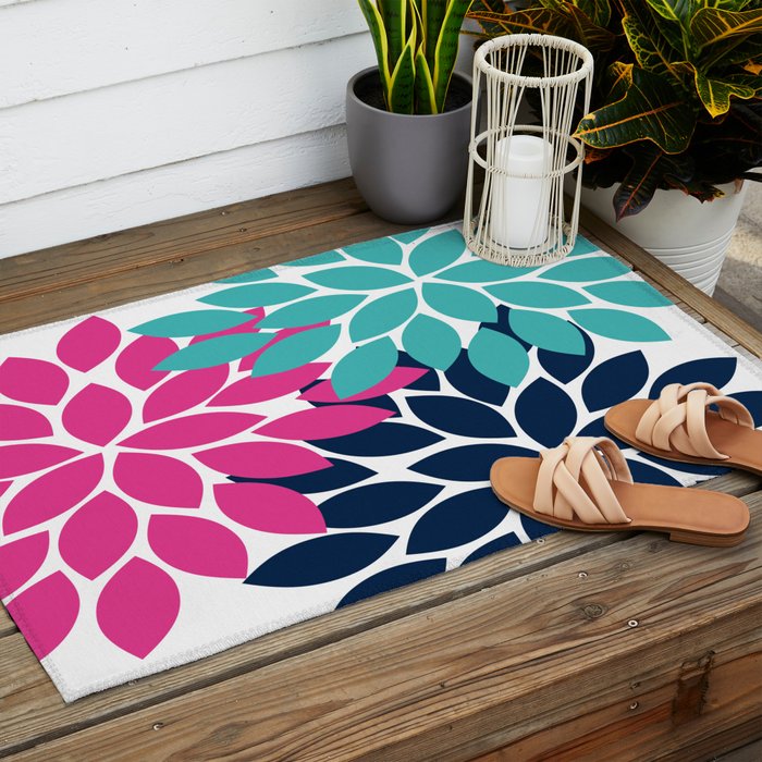 Bold Colorful Hot Pink Turquoise Navy Dahlia Flower Burst Petals Outdoor Rug Gallery Image 2