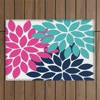 Bold Colorful Hot Pink Turquoise Navy Dahlia Flower Burst Petals Outdoor Rug Gallery Image 1