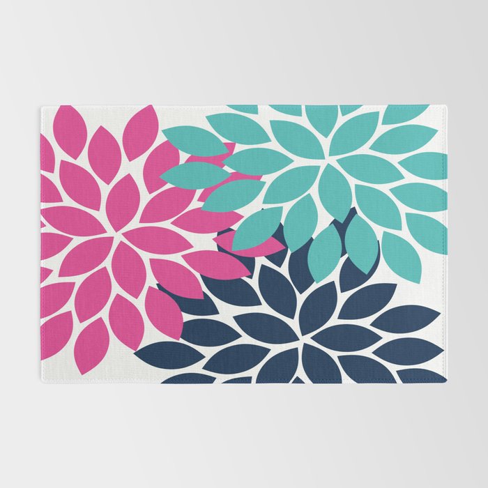 Bold Colorful Hot Pink Turquoise Navy Dahlia Flower Burst Petals Rug Gallery Image 2