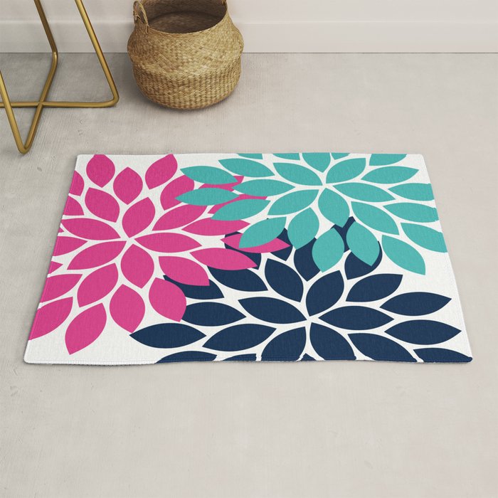 Bold Colorful Hot Pink Turquoise Navy Dahlia Flower Burst Petals Rug Gallery Image 1