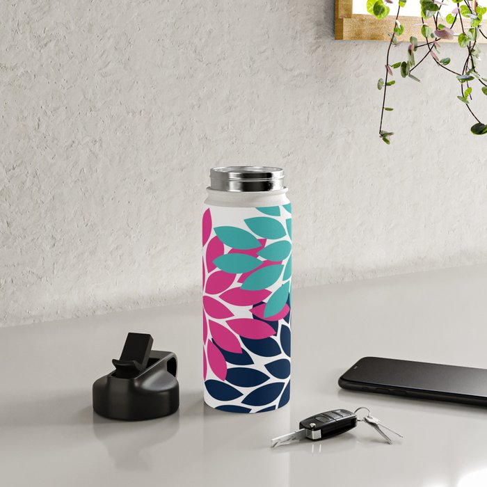 Bold Colorful Hot Pink Turquoise Navy Dahlia Flower Burst Petals Water Bottle Gallery Image 4