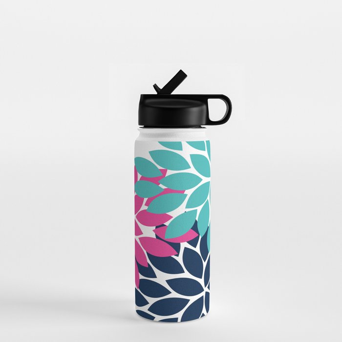 Bold Colorful Hot Pink Turquoise Navy Dahlia Flower Burst Petals Water Bottle Gallery Image 1