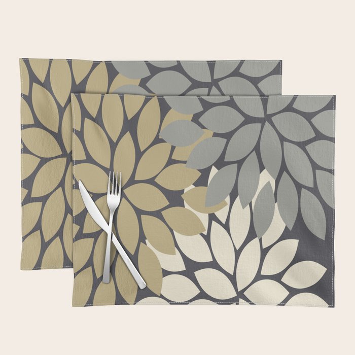 Bold Colorful Gold Ivory Charcoal Grey Dahlia Flower Burst Petals Placemat Gallery Image 1