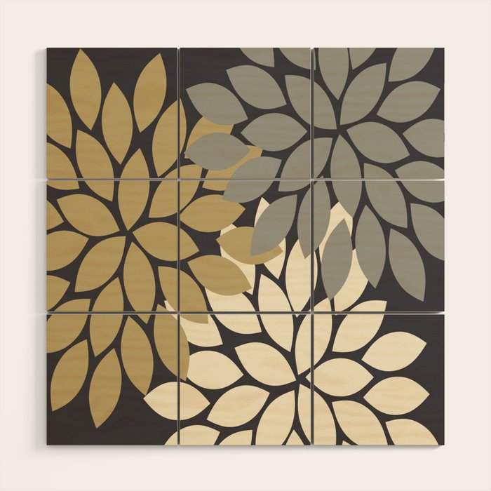 Bold Colorful Gold Ivory Charcoal Grey Dahlia Flower Burst Petals Wood Wall Art Gallery Image 1