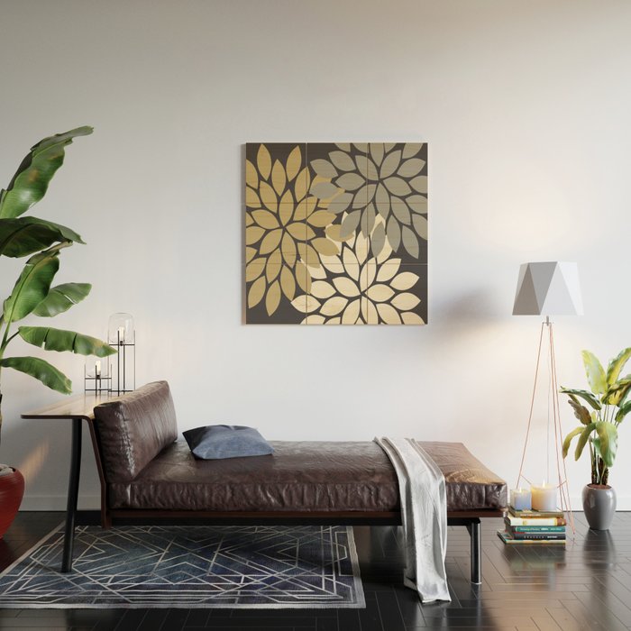 Bold Colorful Gold Ivory Charcoal Grey Dahlia Flower Burst Petals Wood Wall Art Gallery Image 2