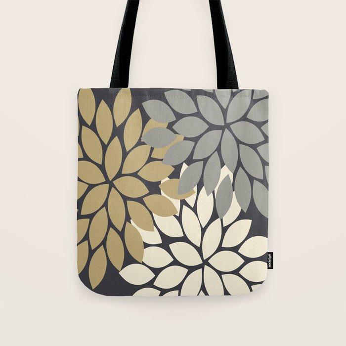 Bold Colorful Gold Ivory Charcoal Grey Dahlia Flower Burst Petals Tote Bag Gallery Image 1