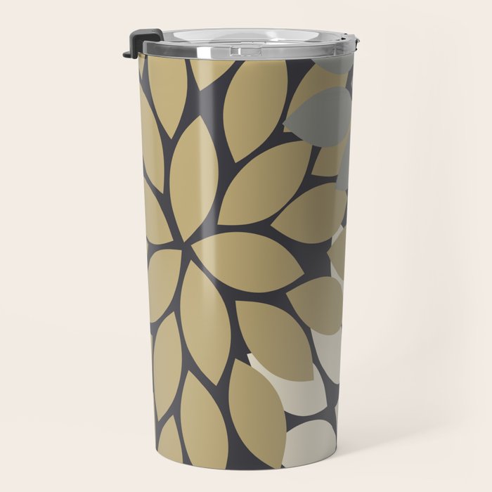 Bold Colorful Gold Ivory Charcoal Grey Dahlia Flower Burst Petals Travel Mug Gallery Image 3