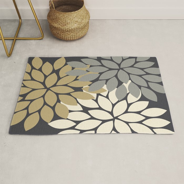 Bold Colorful Gold Ivory Charcoal Grey Dahlia Flower Burst Petals Rug Gallery Image 1