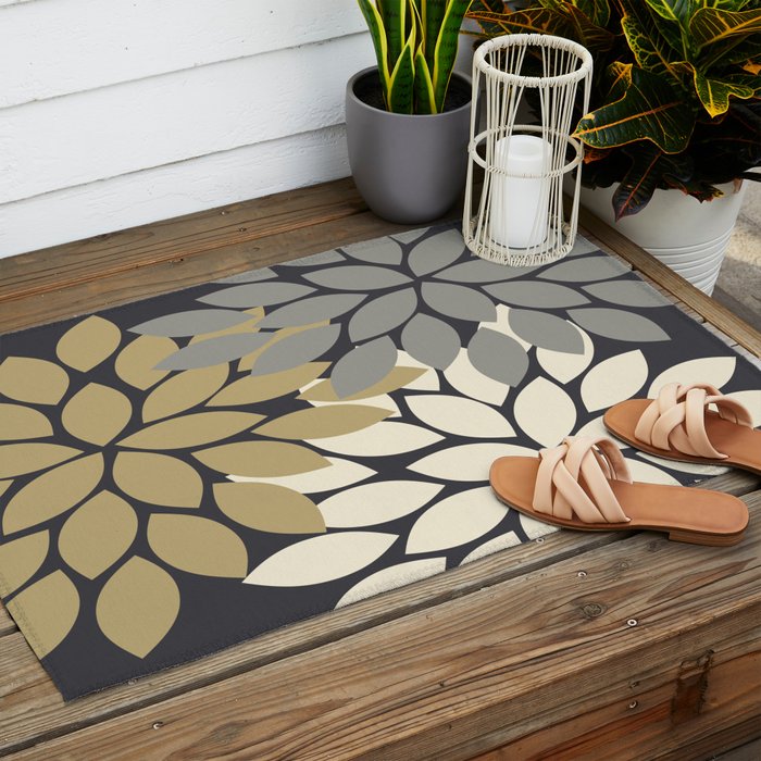 Bold Colorful Gold Ivory Charcoal Grey Dahlia Flower Burst Petals Outdoor Rug Gallery Image 2