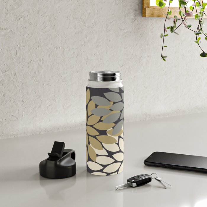 Bold Colorful Gold Ivory Charcoal Grey Dahlia Flower Burst Petals Water Bottle Gallery Image 4