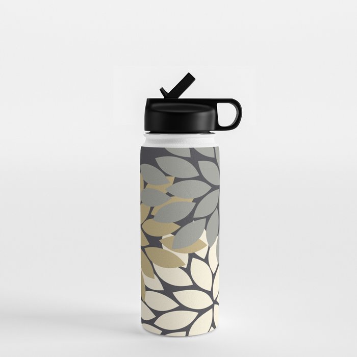 Bold Colorful Gold Ivory Charcoal Grey Dahlia Flower Burst Petals Water Bottle Gallery Image 1