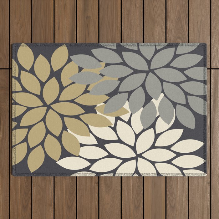 Bold Colorful Gold Ivory Charcoal Grey Dahlia Flower Burst Petals Outdoor Rug Gallery Image 1