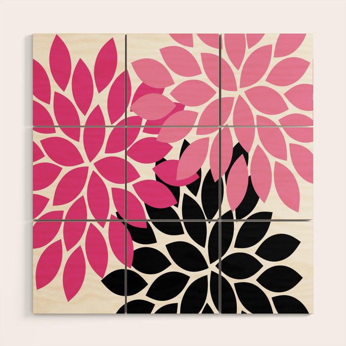 Bold Colorful Hot Pink Black Dahlia Flower Burst Petals Wood Wall Art Gallery Image 1