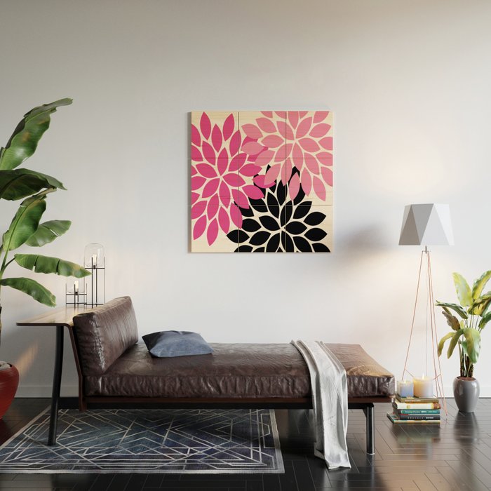 Bold Colorful Hot Pink Black Dahlia Flower Burst Petals Wood Wall Art Gallery Image 2