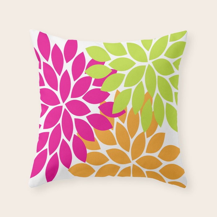 Bold Colorful Hot Pink Lime Orange Dahlia Flower Burst Petals Throw Pillow Gallery Image 1