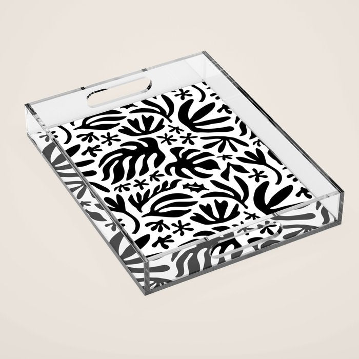 Black and white tropical summer nature pattern Acrylic Tray Gallery Image 1