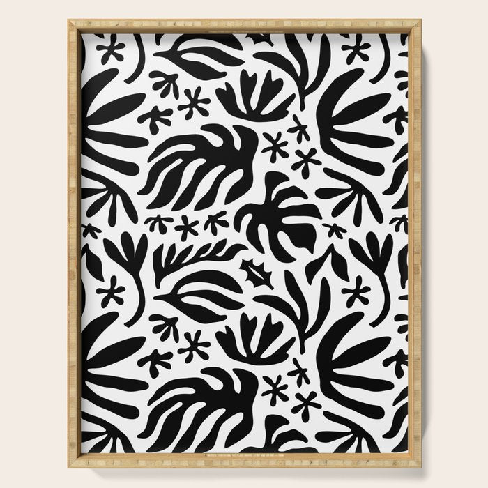 Black and white tropical summer nature pattern Serving Tray Gallery Image 1