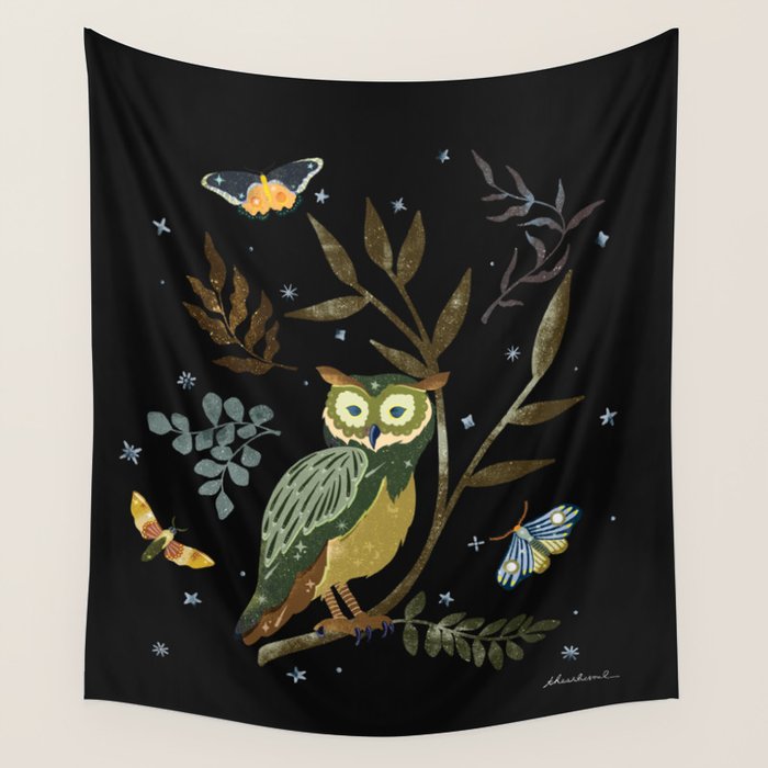 Moonlit Owl and Fluttering Moths Wall Tapestry Gallery Image 4