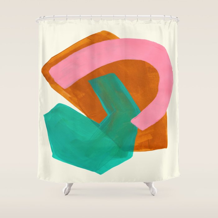 Ochre Pink Marine Green Fun Colorful Mid Century Modern Abstract Painting Shapes Pattern Shower Curtain Gallery Image 1