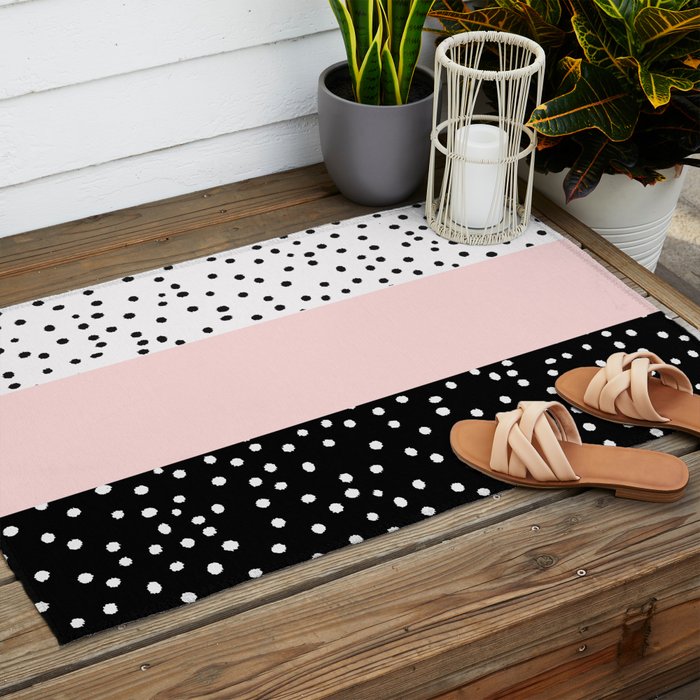 Pink white black watercolor polka dots Outdoor Rug Gallery Image 2