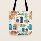 Vintage canned sardines // white background peacock teal and gold drop orange cans  Tote Bag Gallery Image 1