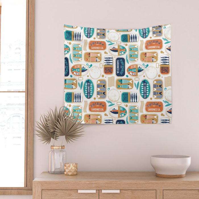 Vintage canned sardines // white background peacock teal and gold drop orange cans  Wall Tapestry Gallery Image 2