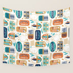 Vintage canned sardines // white background peacock teal and gold drop orange cans  Wall Tapestry Gallery Image 4