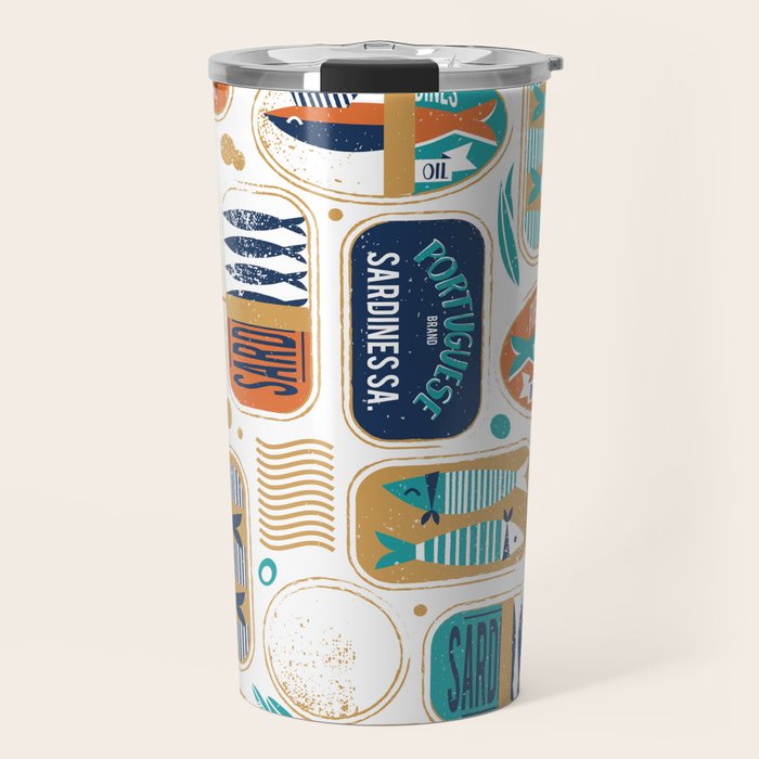 Vintage canned sardines // white background peacock teal and gold drop orange cans  Travel Mug Gallery Image 1