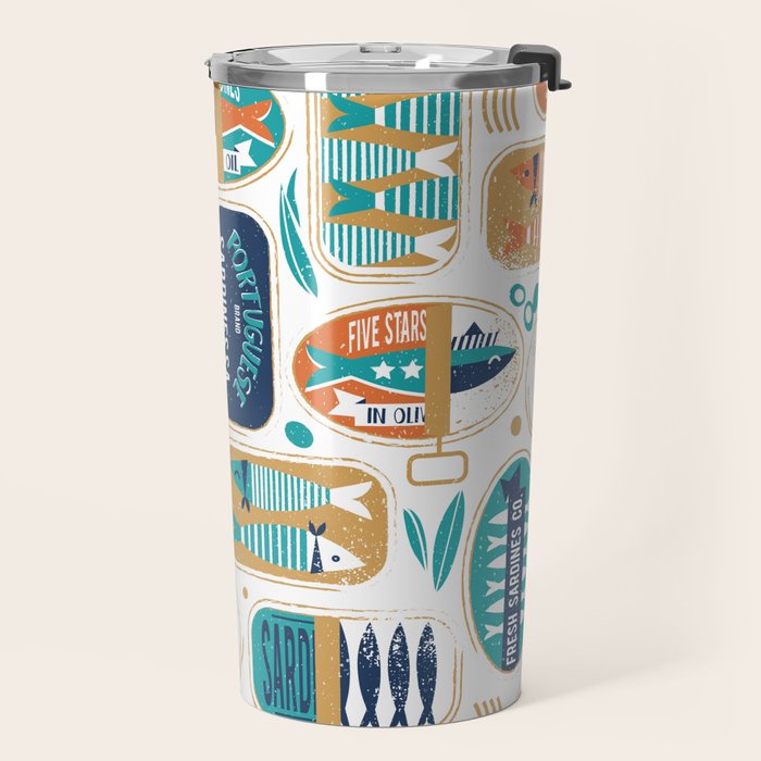 Vintage canned sardines // white background peacock teal and gold drop orange cans  Travel Mug Gallery Image 2