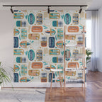 Vintage canned sardines // white background peacock teal and gold drop orange cans  Wall Mural Gallery Image 1