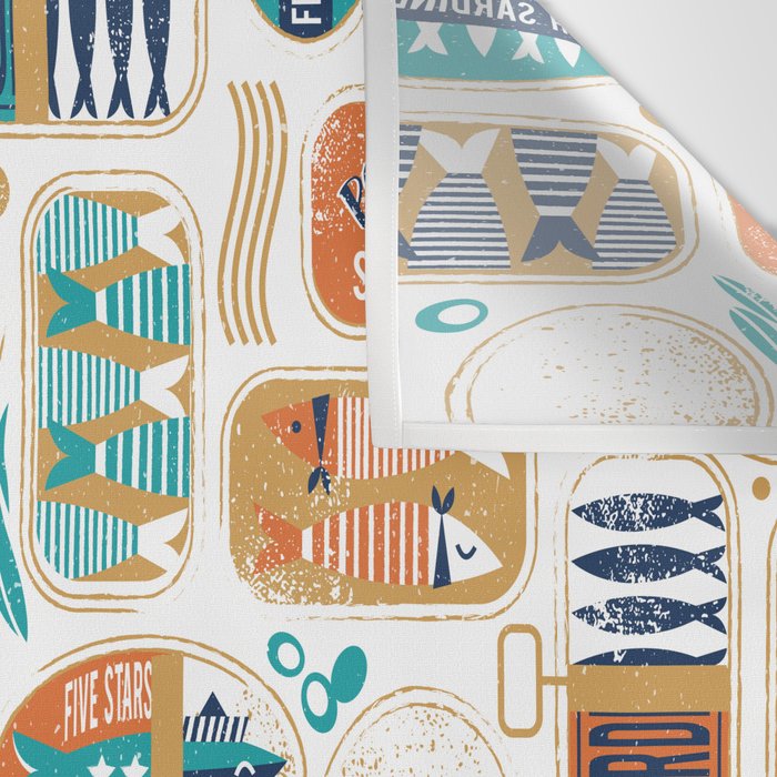 Vintage canned sardines // white background peacock teal and gold drop orange cans  Wall Tapestry Gallery Image 3