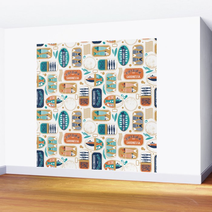 Vintage canned sardines // white background peacock teal and gold drop orange cans  Wall Mural Gallery Image 2