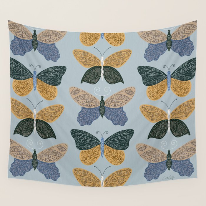 Tattooed Butterflies - Blue & Yellow Wall Tapestry Gallery Image 1