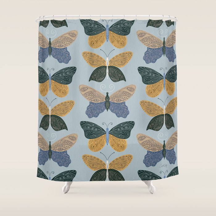 Tattooed Butterflies - Blue & Yellow Shower Curtain Gallery Image 1