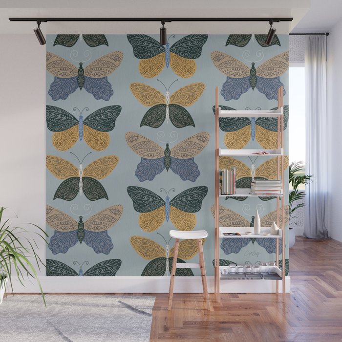 Tattooed Butterflies - Blue & Yellow Wall Mural Gallery Image 1