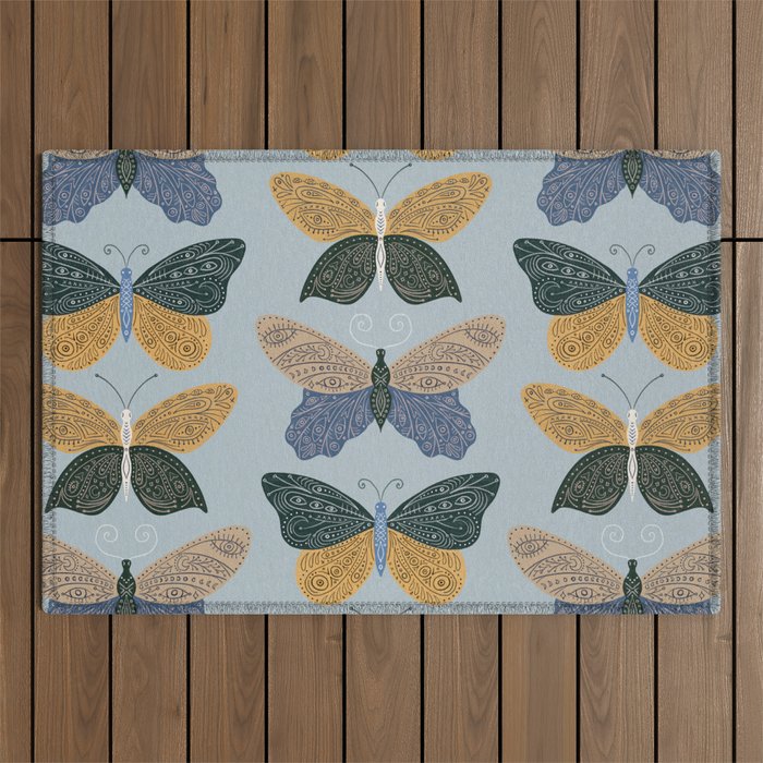Tattooed Butterflies - Blue & Yellow Outdoor Rug Gallery Image 1