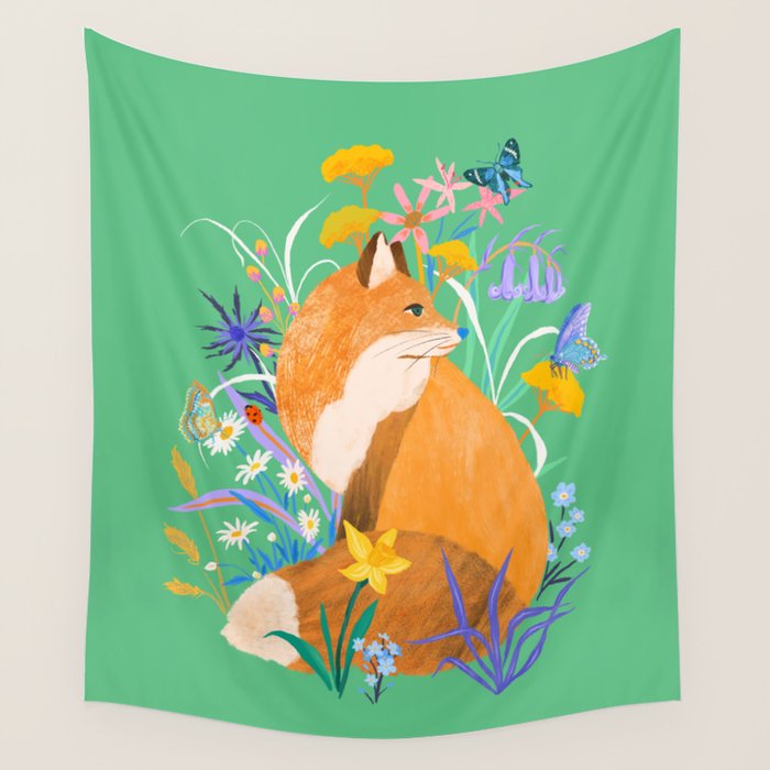 Fox in Flower Garden Wall Tapestry Gallery Image 4