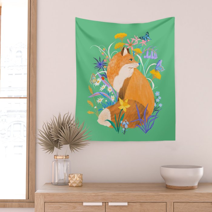 Fox in Flower Garden Wall Tapestry Gallery Image 2