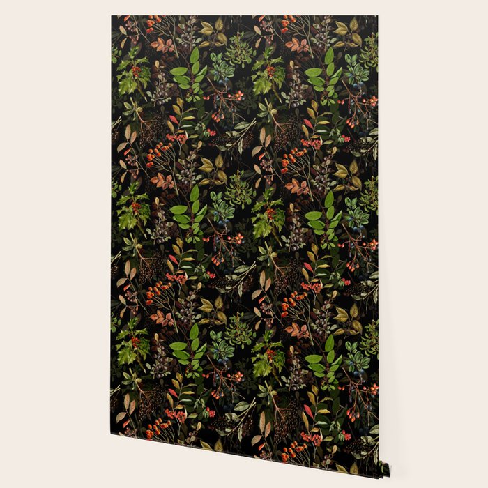Vintage & Shabby Chic - vintage botanical wildflowers and berries on black Wallpaper Gallery Image 2