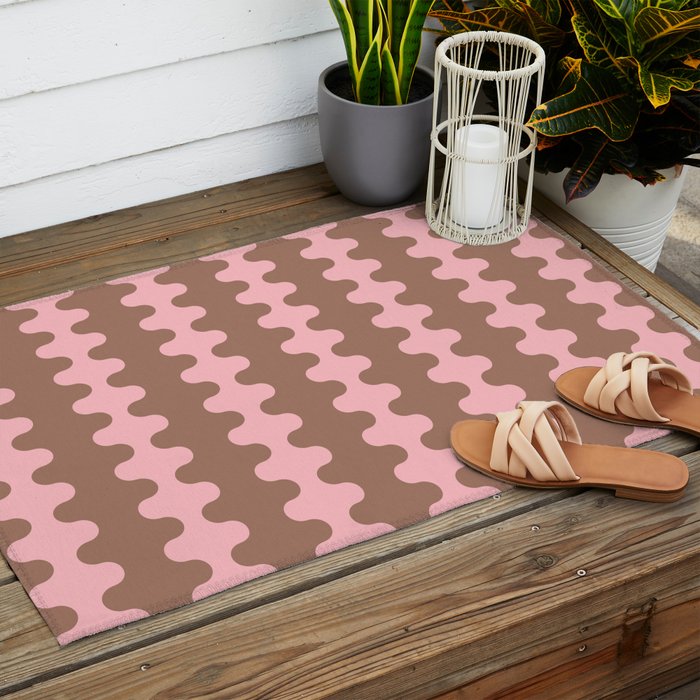 Wavy Stripes Ogee A-Go-Go Eclectic Vertical Pattern in Mocha and Soft Pink Outdoor Rug Gallery Image 2