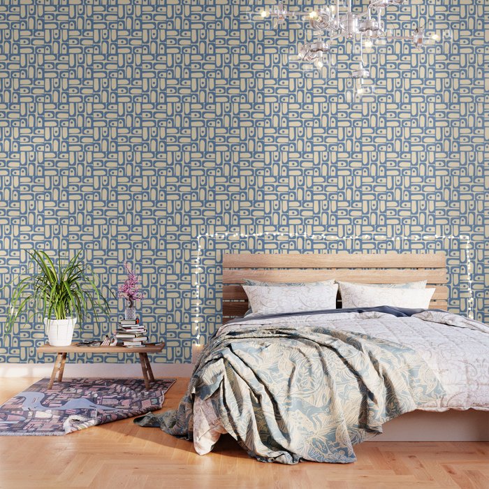 Mid Century Modern Piquet Multi Pattern in Blue and Cream Wallpaper Gallery Image 3