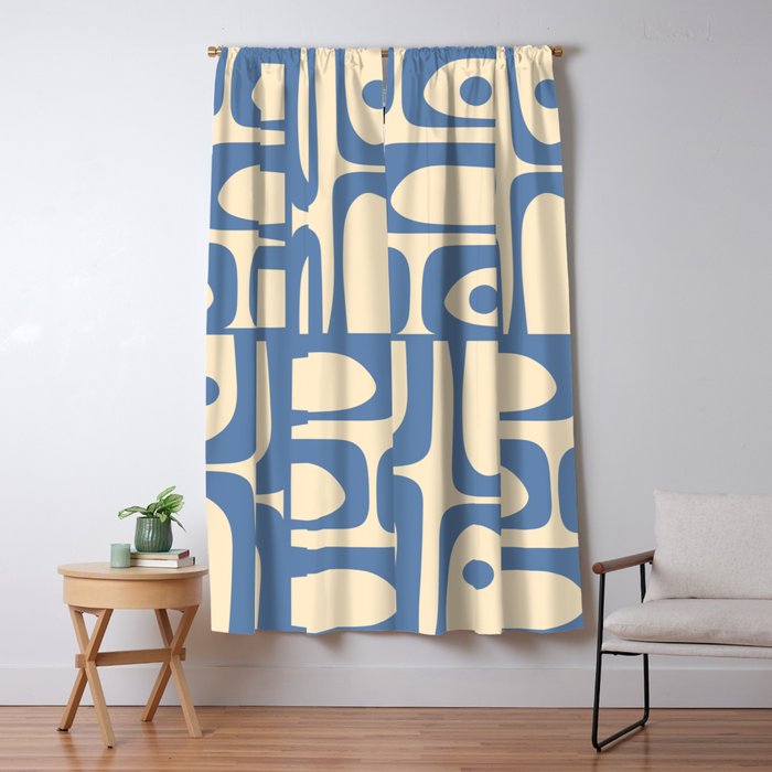Mid Century Modern Piquet Multi Pattern in Blue and Cream Window Curtain Gallery Image 5