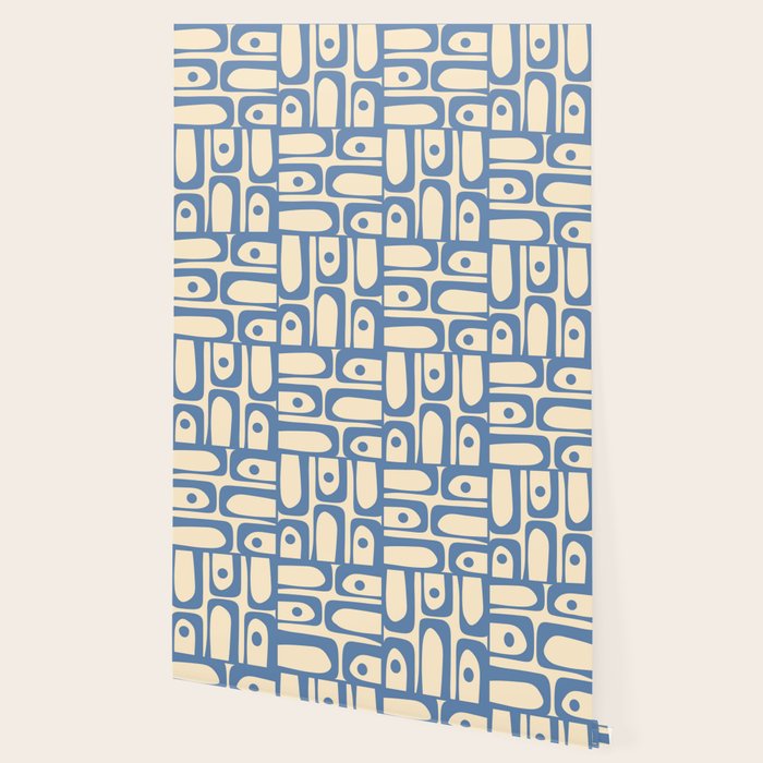 Mid Century Modern Piquet Multi Pattern in Blue and Cream Wallpaper Gallery Image 2